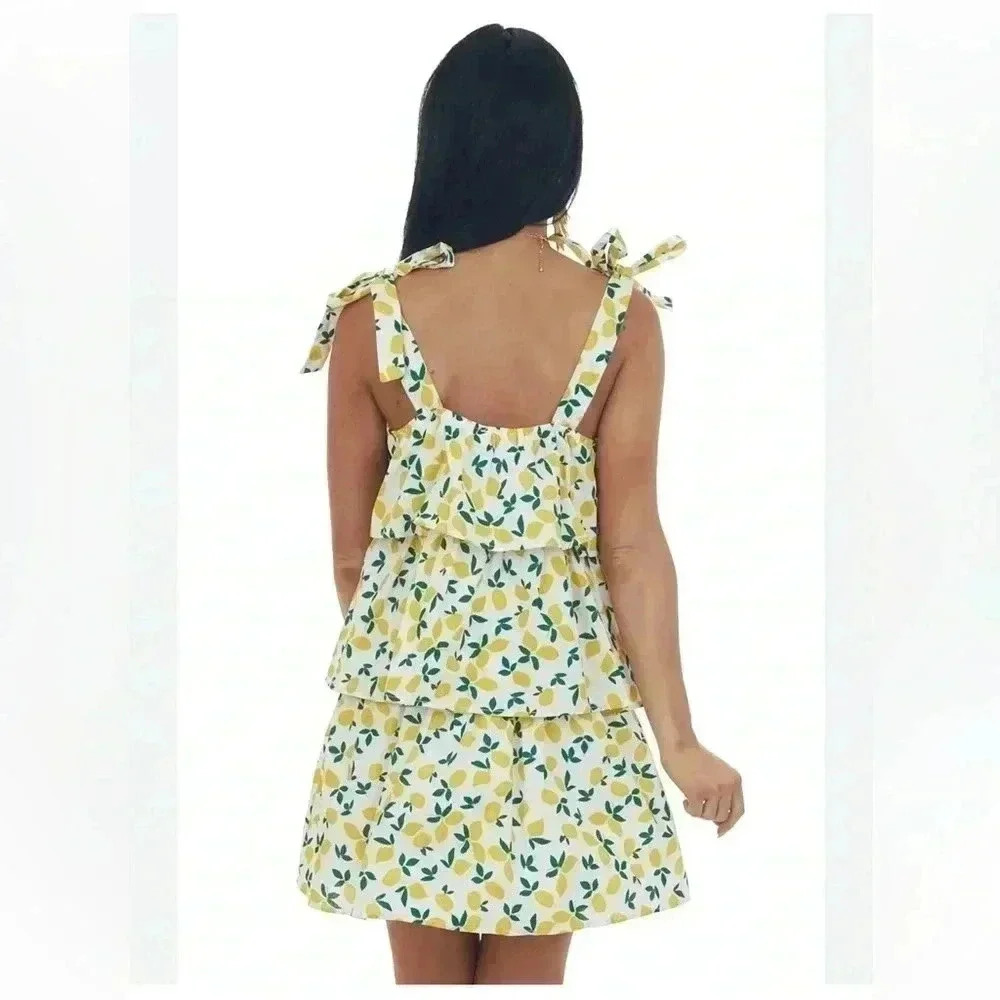 Lush Off White Lemon Print Ruffle Tiered Mini Dress Sz Small - Picture 3 of 16